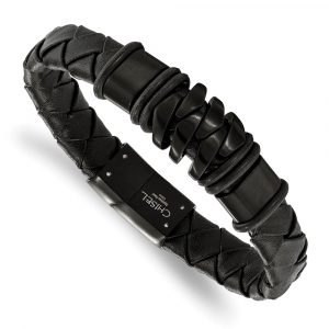 Stainless Steel Polish/Brushed Black IP-pltd Black Leather 8.25-inch Bracelet