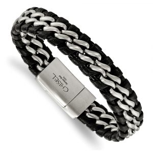 Stainless Steel Brushed Black Leather 8.5-inch Bracelet