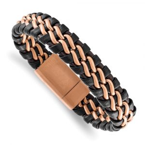 Stainless Steel Brushed Rose IP-plated Brown Leather 8.5-inch Bracelet