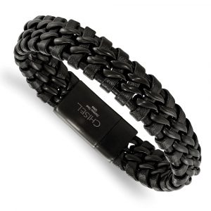 Stainless Steel Brushed Black IP-plated Black Leather 8.5-inch Bracelet