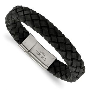 Stainless Steel Brushed Black Leather 8.25-inch Bracelet