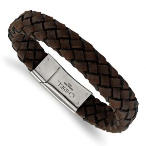 Stainless Steel Brushed Brown Leather 8.25-inch Bracelet