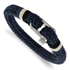 Stainless Steel Polished Woven Navy Cotton 8.5-inch Bracelet