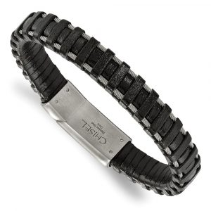 Stainless Steel Brushed Cable and Black Leather 8.5-inch Bracelet