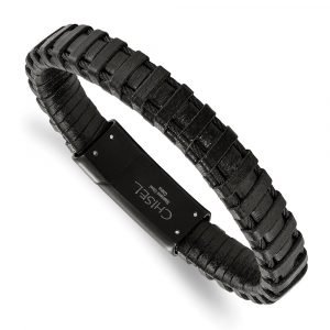 Stainless Steel Polished Black IP-plated Cable and Black Leather Bracelet
