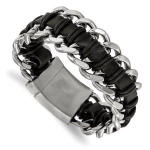 Stainless Steel Brushed and Polished Black Leather 9-inch Bracelet