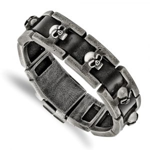 Stainless Steel Antiqued and Brushed Skull Black Leather 9-inch Bracelet
