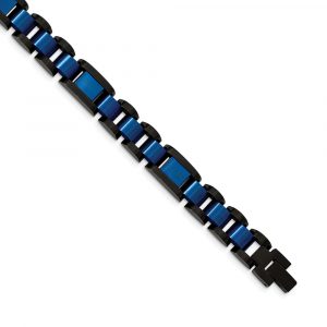 Stainless Steel Brushed & Polished Black & Blue IP-plated 8.75-inch Bracelet