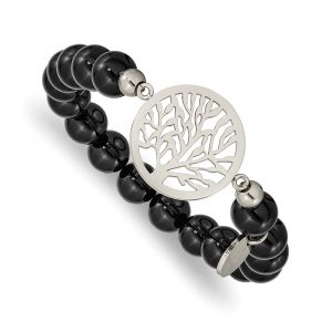 Stainless Steel Polished Tree of Life Black Agate Beaded Stretch Bracelet
