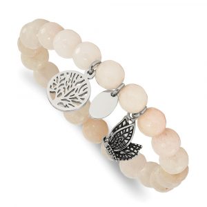 Stainless Steel Antiqued & Polished Butterfly White Jade Stretch Bracelet
