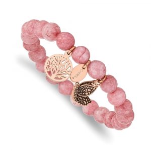 Stainless Steel Antique and Polish Rose IP Pink Dyed Jade Stretch Bracelet