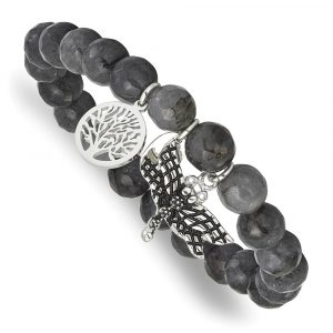 Stainless Steel Antiqued & Polished Dragonfly Grey Dyed Jade Bracelet