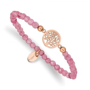 Stainless Steel Polished Rose IP Tree of Life Red Jade Stretch Bracelet
