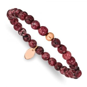 Stainless Steel Polished Rose IP-plated Red Jade Stretch Bracelet