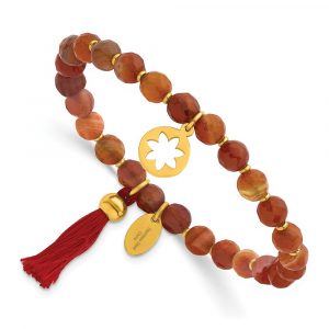 Stainless Steel Polished Yellow IP Flower Orange Agate Stretch Bracelet