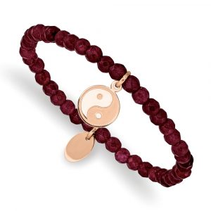 Stainless Steel Polished & Sat-inch Rose IP YingYang Red Jade Stretch Bracelet