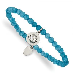 Stainless Steel Polished Lotus Blue Jade Beaded Stretch Bracelet