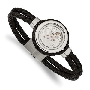 Stainless Steel Brushed & Polished Yellow IP w/CZ & Leather 8.5-inch Bracelet