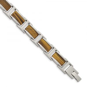 Stainless Steel Polished with Tiger's Eye Inlay 8.5-inch Link Bracelet