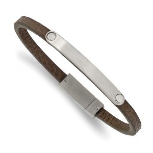 Stainless Steel Brushed Brown Leather 8.25-inch ID Bracelet