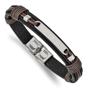 Stainless Steel Polished Black and Brown Leather 8.25-inch Bracelet