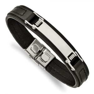 Stainless Steel Polished Black Leather 8.25-inch ID Bracelet