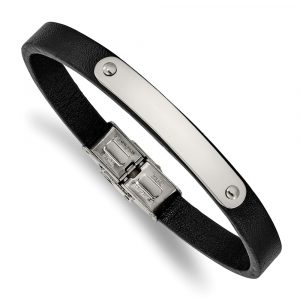 Stainless Steel Polished Leather 8.5-inch ID Bracelet