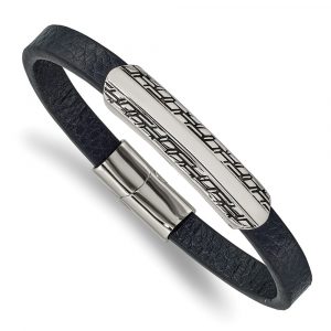 Stainless Steel Antiqued and Polished Navy Blue Leather 8.25-inch Bracelet