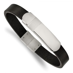 Stainless Steel Brushed and Polished Black Leather 8.5-inch ID Bracelet