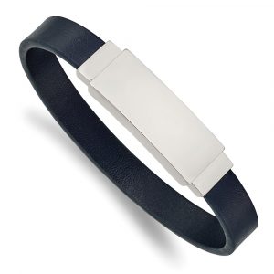 Stainless Steel Polished Navy Blue Leather 8.5-inch ID Bracelet