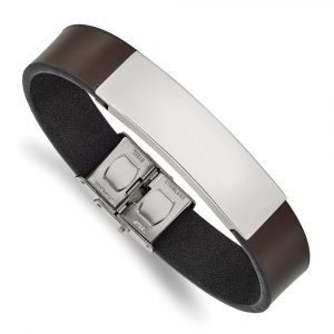 Stainless Steel Polished Brown Leather 8.25-inch ID Bracelet