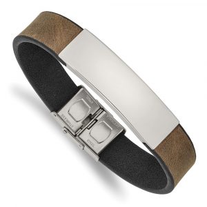 Stainless Steel Polished Brown/Black Leather 8.25-inch ID Bracelet