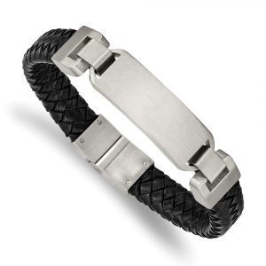 Stainless Steel Brushed Black Leather 8.5-inch ID Bracelet