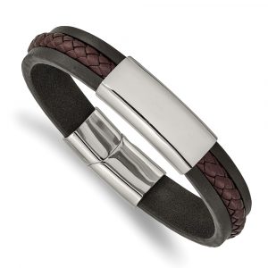Stainless Steel Polished Black & Brown Braided Leather 8.25-inch ID Bracelet