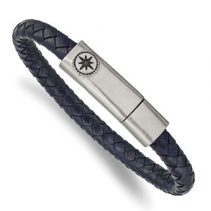 Stainless Steel Antiqued and Brushed Blue Leather Compass 8-inch Bracelet