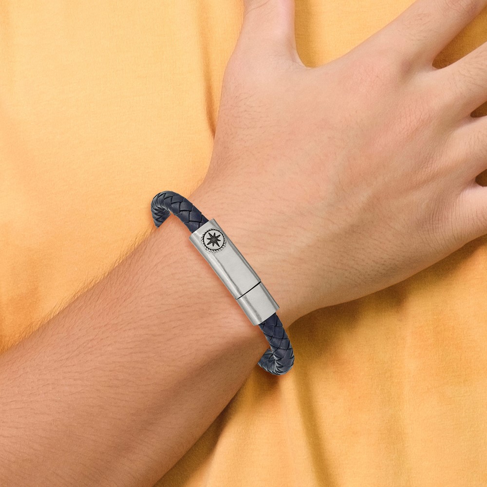 Stainless Steel Antiqued and Brushed Blue Leather Compass 8-inch Bracelet - Image 4