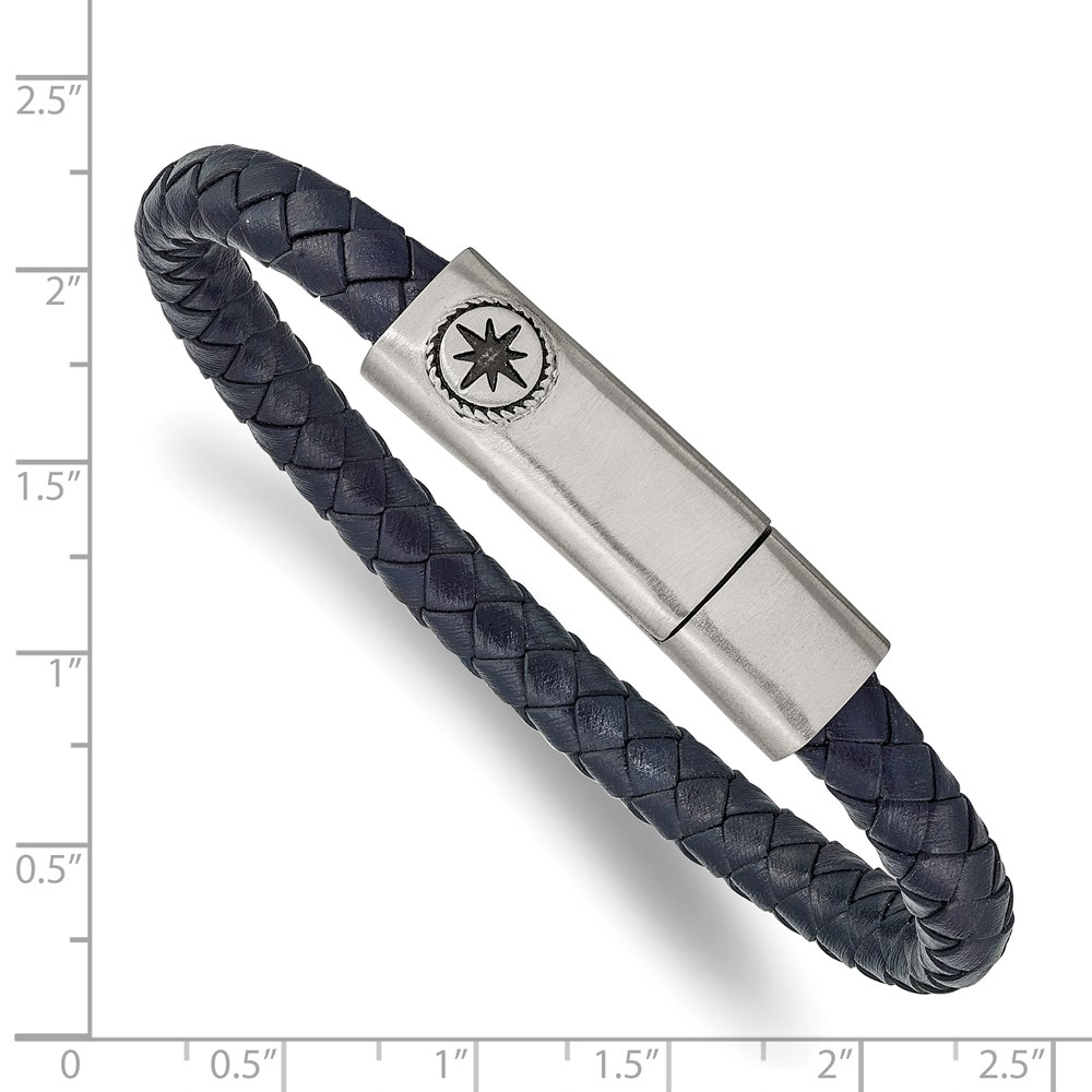 Stainless Steel Antiqued and Brushed Blue Leather Compass 8-inch Bracelet - Image 3