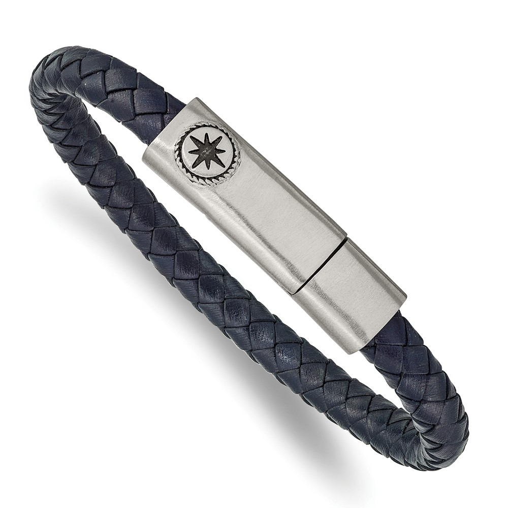 Stainless Steel Antiqued and Brushed Blue Leather Compass 8-inch Bracelet