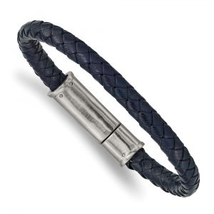 Stainless Steel Brushed Braided Blue Leather 8.25-inch Bracelet