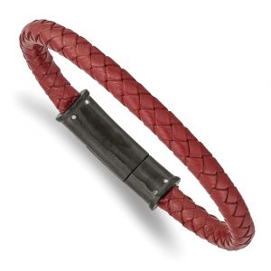 Stainless Steel Brushed Black IP-plated Red Leather 8.5-inch Bracelet