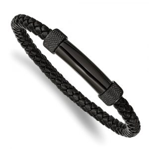 Stainless Steel Polished Black IP-plated Black Leather 8.25-inch Bracelet
