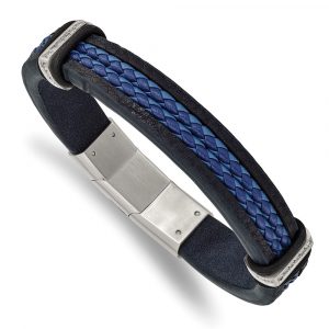 Stainless Steel Polished Blue Leather w/CZ 8-inch w/.5-inch ext. Bracelet