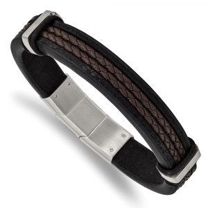 Stainless Steel Polished Black/Brown Braided Leather w/.5-inch ext. Bracelet