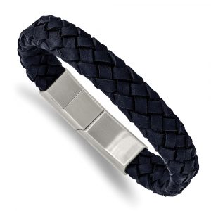 Stainless Steel Brushed Navy Braided Leather 8.25-inch w/.5-inch ext Bracelet