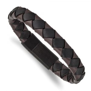 Stainless Steel Brushed Black IP Black/Brown Leather 8.25-inch Bracelet