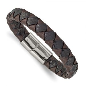 Stainless Steel Polished Black and Brown Textured Leather 8-inch Bracelet