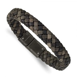 Stainless Steel Brushed Gun Metal IP-plated Brown Leather 8.25-inch Bracelet
