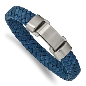 Stainless Steel Brushed Blue Leather 8.25-inch Bracelet