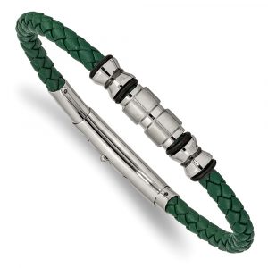 Stainless Steel Brushed & Polished Blk IP/Rubber Green Leather Adj Bracelet