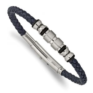 Stainless Steel Brushed & Polished Blk IP/Rubber Blue Leather Adj Bracelet